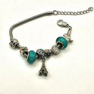 Green beaded rhinestone Eiffel Tower shamrock owl charm bracelet